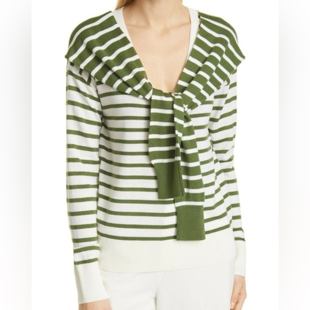 Veronica Beard‎ Merino Wool Striped Tie Leni Sweater Army Green and White Size S